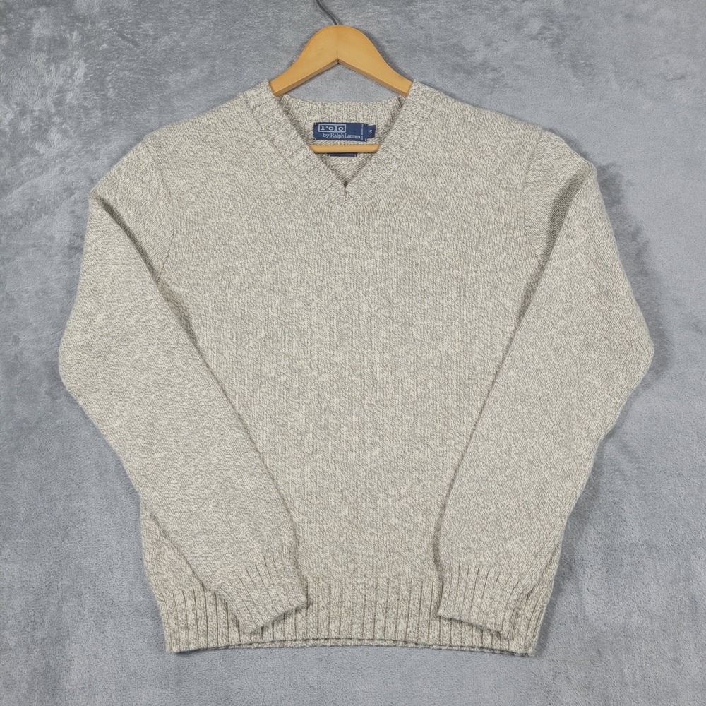 Polo Ralph Lauren Sweater Mens S Beige V-Neck Cotton Marl Knit Preppy Classic